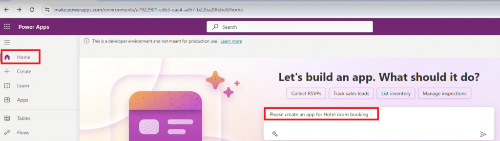 Power Apps Copilot Prompt to Create App